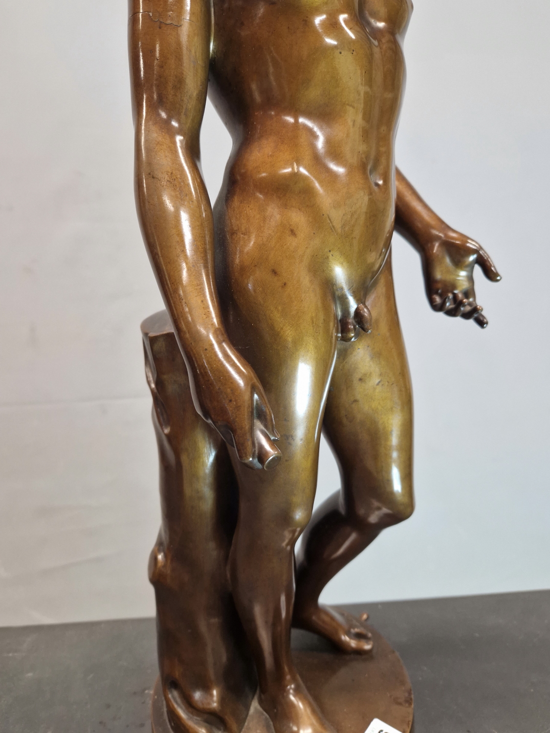 A BRONZE FIGURE OF NARCISSUS STANDING LOOKING DOWN TO WHERE HIS REFLECTION COULD BE SEEN IN WATER, - Image 3 of 10