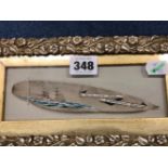 A FRAMED FIRST WORLD WAR LEAF SHAPED PANEL PAINTED WITH THE SHIP DRUMMOND CASTLE AND INSCRIBED