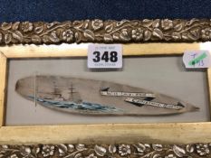 A FRAMED FIRST WORLD WAR LEAF SHAPED PANEL PAINTED WITH THE SHIP DRUMMOND CASTLE AND INSCRIBED