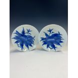 A PAIR OF NABESHIMA TYPE BLUE AND WHITE DISHES PAINTED WITH BRANCHES OF SWEET CHESTNUT. Dia 21cms.