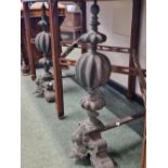 A PAIR OF 19th C. BRONZE ANDIRONS, EACH WITH A SPIRE TOPPED TRIPLE MELON SHAPED COLUMNAR FRONT ABOVE
