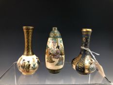 FOUR JAPANESE SATSUMA MINIATURE VASES, TWO OF BOTTLE SHAPE AND THE THIRD OVOID, EACH PAINTED WITH