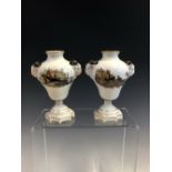 A PAIR OF SAMSON MEISSEN GOAT HANDLED PEAR SHAPED VASES, EACH PAITED WITH TWO HARBOUR SCENES IN