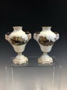 A PAIR OF SAMSON MEISSEN GOAT HANDLED PEAR SHAPED VASES, EACH PAITED WITH TWO HARBOUR SCENES IN