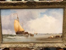 JAMES WEBB (1825-95), ARR. SHIPPING LOADING AND UNLOADING FROM A BEACH, OIL ON PANEL, SIGNED LOWER