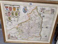AN EARLY JOHN BLAEU MAP OF NORTHUMBERLAND IN DOUBLE SIDED FRAME AND ANOTHER OF NORTHUMBRIA BY JOAN