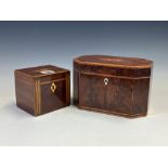 A 19th C. MAHOGANY SINGLE TEA CADDY TOGETHER WITH ANOTHER OF TWO COMPARTMENTS, THE BANDED LIDS