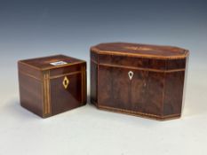 A 19th C. MAHOGANY SINGLE TEA CADDY TOGETHER WITH ANOTHER OF TWO COMPARTMENTS, THE BANDED LIDS