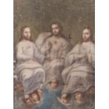 19th C. SCHOOL, A TRIPLE PORTRAIT OF CHRIST SEATED IN THE HEAVENS WITH ANGELS BELOW, OIL ON