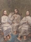 19th C. SCHOOL, A TRIPLE PORTRAIT OF CHRIST SEATED IN THE HEAVENS WITH ANGELS BELOW, OIL ON