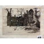 WILLIAM AITKEN ( 1928 - 1981 ) ARR. NORWOOD CASTLE, A PENCIL SIGNED ETCHING 23 x 30cms TOGETHER WITH