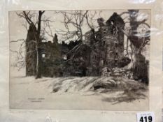 WILLIAM AITKEN ( 1928 - 1981 ) ARR. NORWOOD CASTLE, A PENCIL SIGNED ETCHING 23 x 30cms TOGETHER WITH