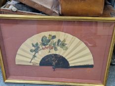 A 1881-3 FAN IN A DOUBLE SIDED FRAME, THE BACK OF THE HOLLY PAINTED LEAF SIGNED BY FRENCH