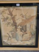 A LATE 18th C. SILK WORK PICTURE OF A GLEANER TALKING TO A LADY SEATED OUTSIDE HER COTTAGE. 49 x