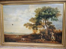 20th CENTURY SCHOOL, TWO 18th C. MEN OUT SHOOTING WITH THEIR DOGS, OIL ON CANVAS, 60 x 90cms.