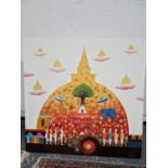 21st C. SRI LANKHAN SCHOOL, FIGURES MAKING OFFERINGS BELOW AN ORANGE AND PINK DOME, FURTHER DOMES IN