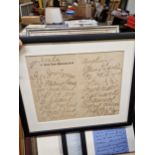 AN INTERESTING GROUP OF SEVEN FRAMED HAND WRITTEN LETTERS AND NOTES FROM AND RELATING TO PROMINENT