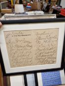 AN INTERESTING GROUP OF SEVEN FRAMED HAND WRITTEN LETTERS AND NOTES FROM AND RELATING TO PROMINENT