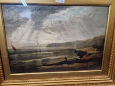 VICTORIAN SCHOOL, W POE(?), FIGURE ON A STORMY SHORELINE AT SUNSET, OIL ON CANVAS, INDISTINCTLY