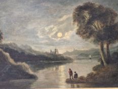 ATTRIBUTED TO ABRAHAM PETHER (1756-1812), A MOONLIT RIVER SCENE WITH BUILDINGS ON THE HEADLANDS, OIL