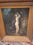 19th C. SCHOOL, A NUDE STANDING BEFORE AN OVAL MIRROR IN A GARDEN, OIL ON CANVAS. 53 x 43cms