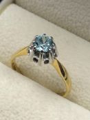 A VINTAGE BLUE ZIRCON SINGLE STONE CLAW SET RING. THE ZIRCON HELD IN A EIGHT CLAW RAISED WHITE