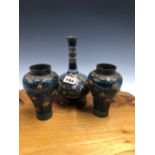 A PAIR OF EARLY 20th C. JAPANESE BALUSTER VASES. H 13.5cms. TOGETHER WITH A CLOISONNE BOTTLE VASE. H