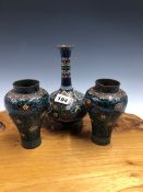 A PAIR OF EARLY 20th C. JAPANESE BALUSTER VASES. H 13.5cms. TOGETHER WITH A CLOISONNE BOTTLE VASE. H