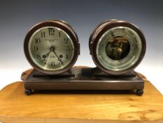 AN ABERCROMBIE& FITCH BRONZE CASED CHELSEA SHIPS BELL CLOCK AND ANEROID BAROMETER MOUNTED WITH A