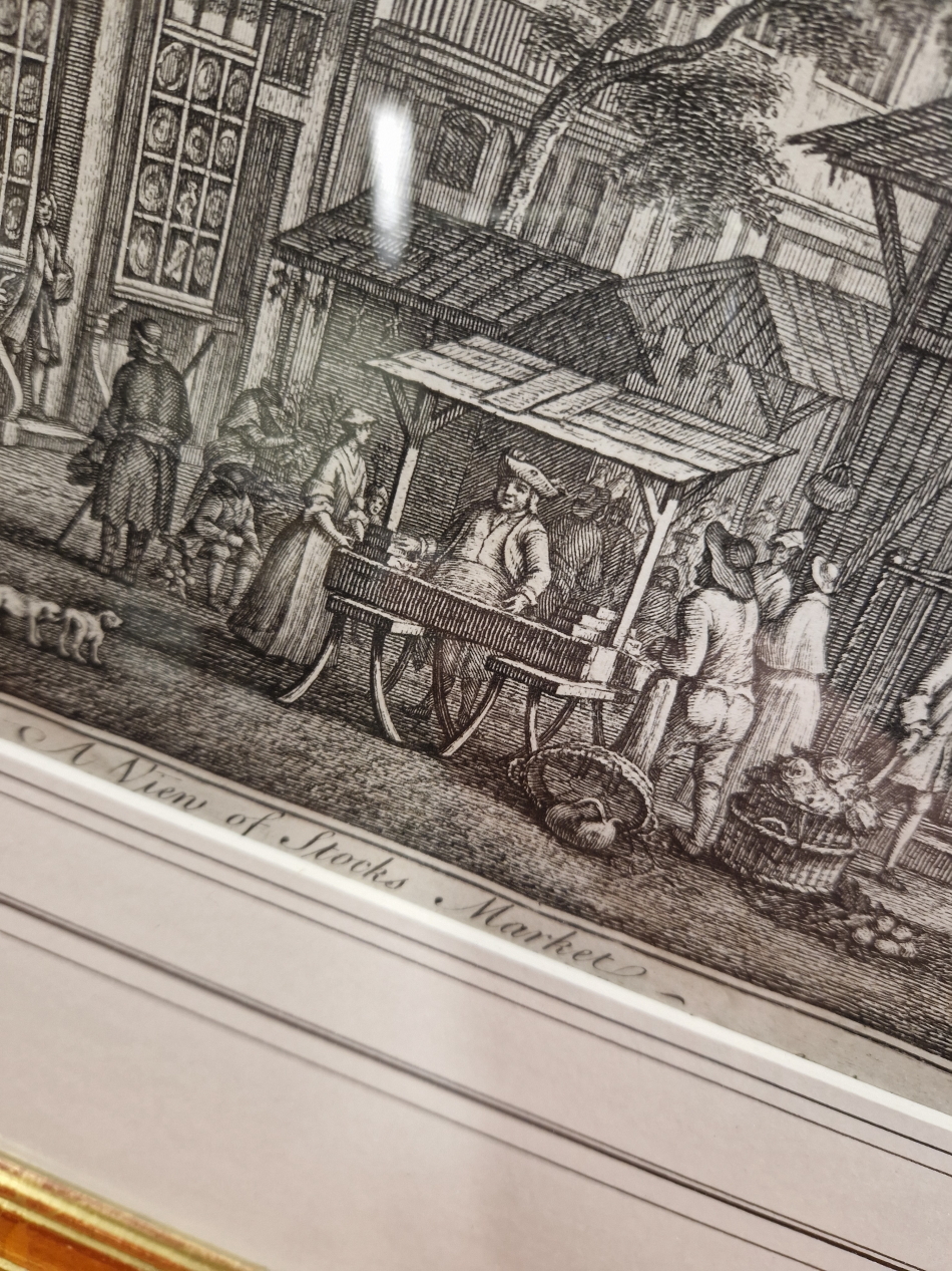 AFTER NICHOLAS, AN ANTIQUE 18th CENTURY PRINT TITLED A VIEW OF STOCKS MARKET. 31 x 45cms - Image 11 of 14