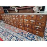 A MAHOGANY APOTHECARYS CHEST, THE FORTY NAMED DRAWERS WITH GLASS KNOB HANDLES. W 243 x D 23.5 x H