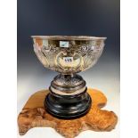 A SILVER TROPHY PUNCH BOWL BY MAPPIN AND WEBB, LONDON 1902. EMBOSSED WITH SCROLLS AND DIAPER IN A