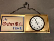 ITS OXFORD MAIL TIME, A MID 20th C. GILT METAL FRAMED POSTER AND SMITHS CLOCK WITH A BROWN