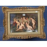 A 19th C. GERMAN PORCELAIN PLAQUE PAINTED AFTER RUBENS WITH SEVEN PUTTI CARRYING A SWAG OF FRUIT