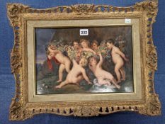 A 19th C. GERMAN PORCELAIN PLAQUE PAINTED AFTER RUBENS WITH SEVEN PUTTI CARRYING A SWAG OF FRUIT