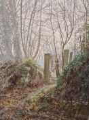 MAURICE SHEPPARD, (B. 1947), ARR THE FIELD GATE WITH CHAIN, OIL ON CANVAS, SIGNED LOWER RIGHT. 34 x