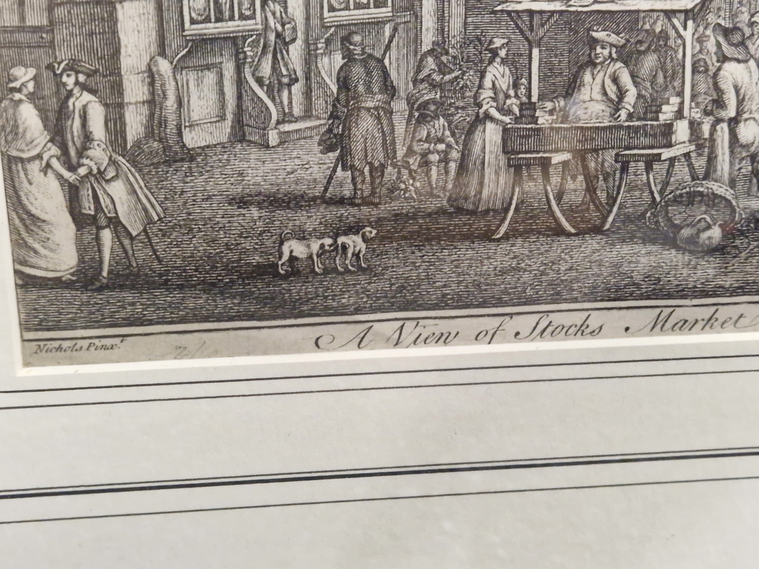 AFTER NICHOLAS, AN ANTIQUE 18th CENTURY PRINT TITLED A VIEW OF STOCKS MARKET. 31 x 45cms - Image 5 of 14