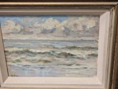 MICHAEL PYBUS (B. 1954), ARR. SEA SHORE, OIL ON BOARD, SIGNED LOWER LEFT. 14 x 19cms.