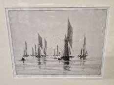 NORMAN WILKINSON (1878 - 1971) ARR FISHING BOATS, PENCIL SIGNED ETCHING 24 x 32cms