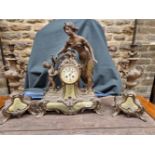A LATE 19th C. FRENCH SPELTER AND GREEN AGATE CLOCK GARNITURE. THE MOVEMENT COUNTWHEEL STRIKING ON A