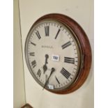 A MAHOGANY CASED WALL TIMEPIECE, THE PAINTED DIAL INSCRIBED ROWELL OXFORD. Dia. 36cms.