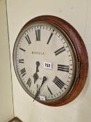 A MAHOGANY CASED WALL TIMEPIECE, THE PAINTED DIAL INSCRIBED ROWELL OXFORD. Dia. 36cms.