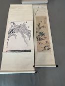 TWO CHINESE SCROLLS, ONE DEPICTING SMALL BIRDS ON A BOUGH DRIPPING WITH ICICLES, 93 x 56cms.AND