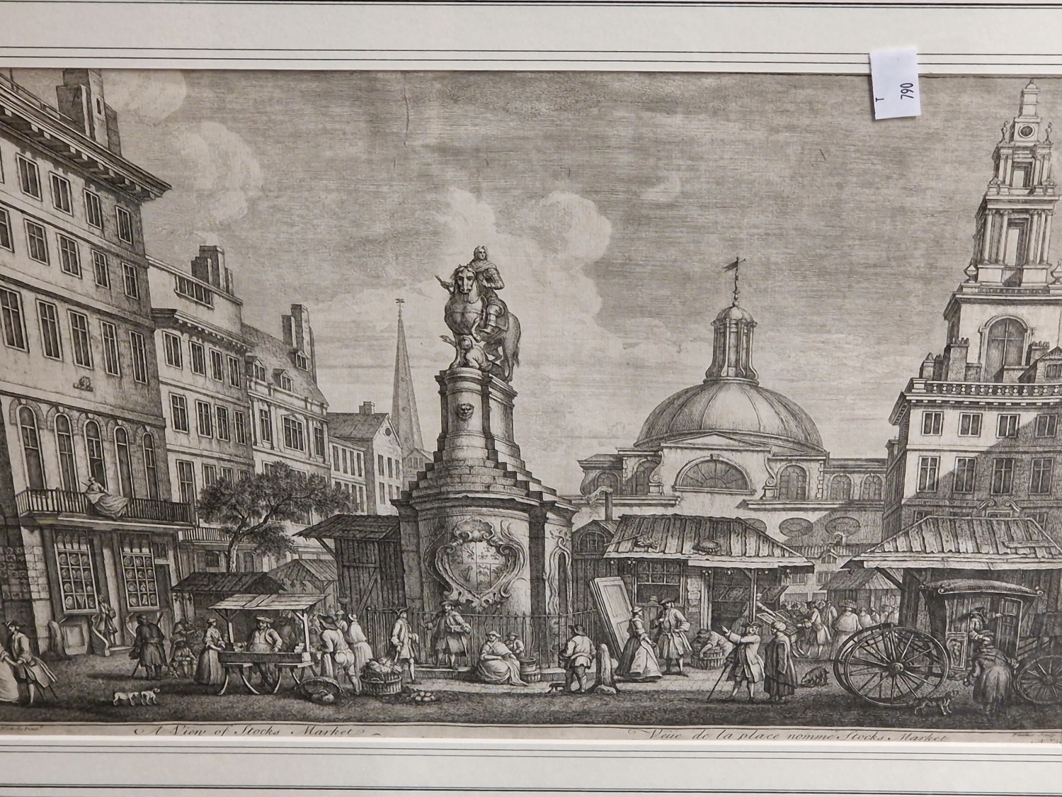 AFTER NICHOLAS, AN ANTIQUE 18th CENTURY PRINT TITLED A VIEW OF STOCKS MARKET. 31 x 45cms