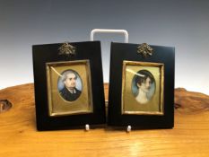 TWO 19th C. PORTRAIT MINIATURES IN MODERN FRAMES, ONE PAINTED WITH A MAN OF THE CLOTH AND THE