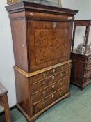 AN 18th C. WALNUT FALL FRONT BUREAU WITH A HALF ROUND FRONTED DRAWER BELOW THE CORNICE AND ABOVE THE
