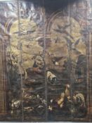 OLD MASTER SCHOOL. AN IMPRESSIVE SET OF FOUR PANELS FORMING A SCENE OF BIRDS AND ANIMALS WITHIN A