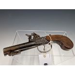 A 18TH CENTURY FLINTLOCK SINGLE BARREL MUZZLE LOADING PISTOL. THE ENGRAVED ACTION SIGNED H. NOCK.