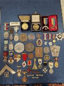 A COLLECTION OF MASONIC MEDALS AND MEDALLIONS PREDOMINANTLY SILVER, VARIOUS PRESENTATION DOCUMENTS T