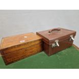 A CROSS BANDED SATINWOOD BOX CONTAINING A BEZIQUE SET, PLAYING CARDS AND A MINIATURE TEA SET